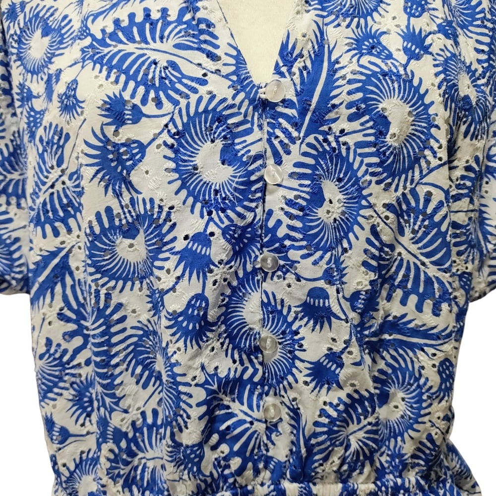 Ophelia Roe Eyelet Midi Dress Blue White Leaf Print Cottagecore Tradwife Size XL - Picture 5 of 13